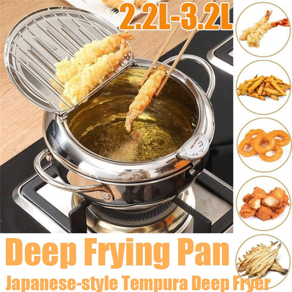 Tempura Deep Fryer Pot with Thermometer & Oil Drainer Rack