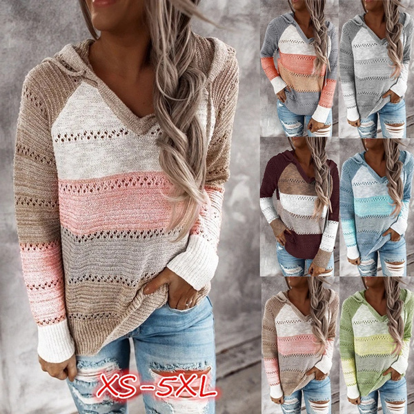 Hollow Out Sweater for Women Casual Long Sleeve Hoodie Pullover Sweatshirts V Neck Striped Drawstring Knitted Blouse