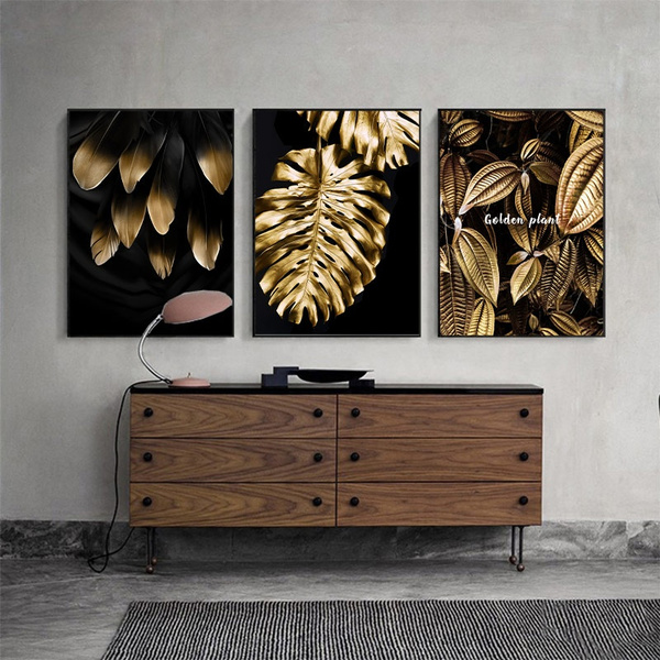 Abstract Plant Golden Leaf Flower Wall Art Canvas Painting Nordic Black White Feathers Poster Print Wall Picture For Living Room Bedroom Decor No Frame Wish