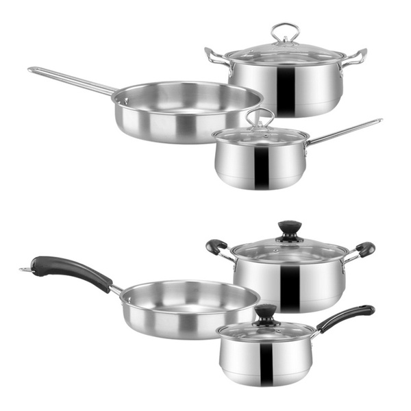 3pcs/set Stainless Steel Cookware Set Flat Bottom Frying Pan Soup Pot Milk  Pot Kit Induction
