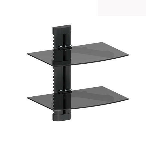 2 TIER DUAL GLASS SHELF WALL MOUNT UNDER TV CABLE BOX COMPONENT DVR DVD
