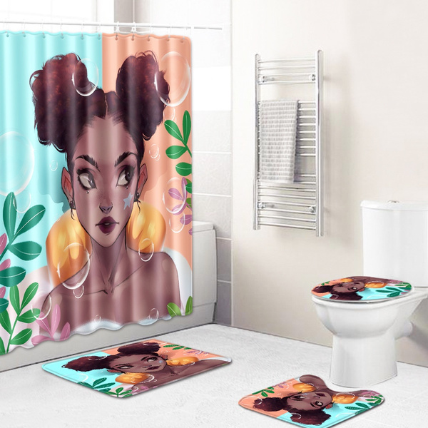 4pcs Black Girl Shower Curtain Bathroom, Pretty Black Girl Shower Curtain