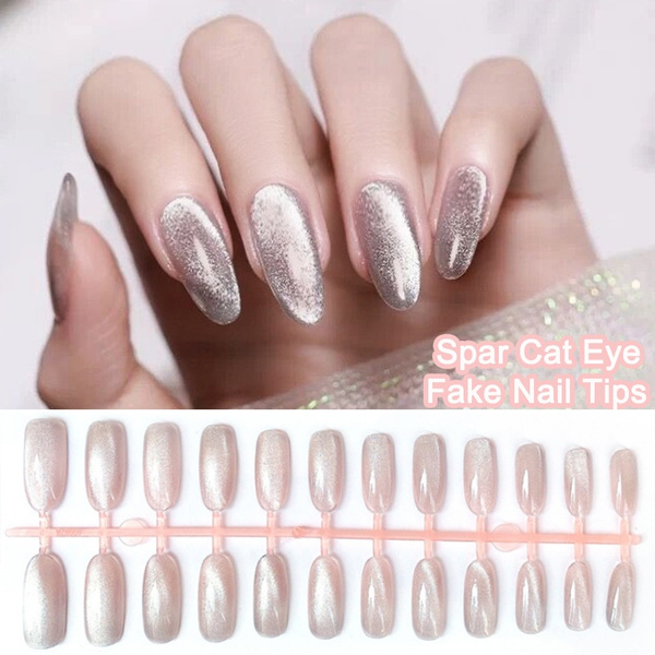 Spar Cat Eye Ballerina Fake Nails White Purple Aurora Acrylic Artificial Long Stiletto Coffin Nails Full Cover Nail Art Tips Wish