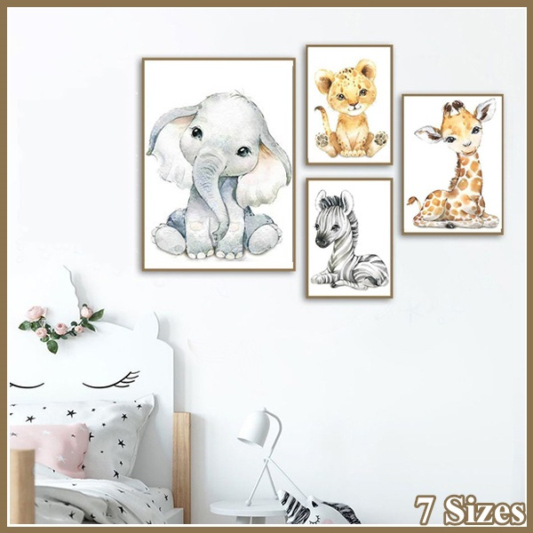 4 Styles Mignon Bebe Animaux Imprimer Art Mural Sans Cadre Dessin Anime Elephant Girafe Toile Peinture Mur Photos Pour Bebe Fille Garcon Enfants Chambre Decor Sans Cadre Wish