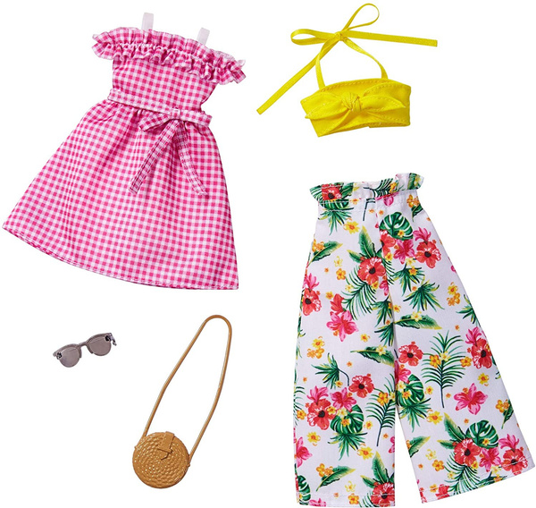 Barbie Fashions 2 Pack Clothing Set 2 Outfits Doll Include Floral Wide Legged Pants a Yellow Bandeau Top Pink Gingham Dress 2 Accessories for