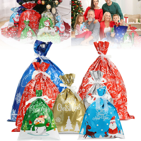 5PCS Decorations Santa Printed Party Favors Ribbon Foil Drawstring Bag ...