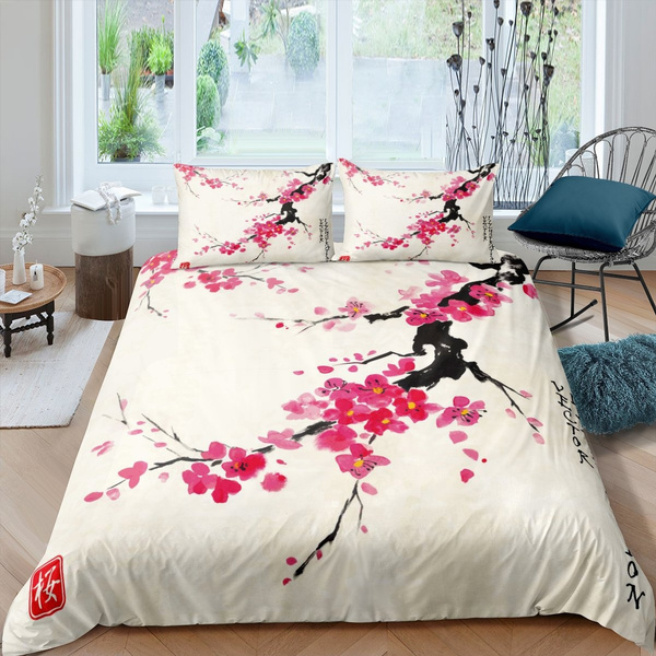 Cherry Blossom Duvet Cover Pink Flower, Asian King Bed Set
