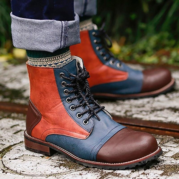 Vintage Western Mens Cowboy Boots Male Lace-Up Ankle Boots Color Patchwork  High Top Oxfords PU Leather Short Boots Autumn Winter Men Shoes Wish