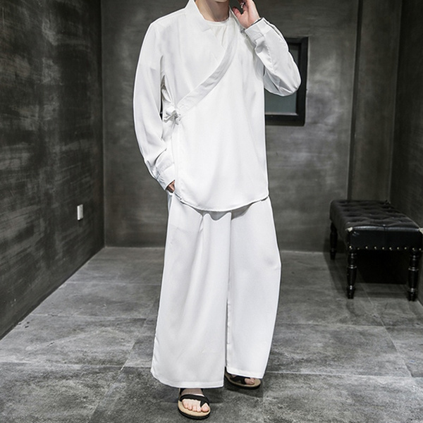 Fashion Men Chinese Clothes Long Shirts Wide Leg Pants Tang Suit Loose Men  Sets Pajamas Set