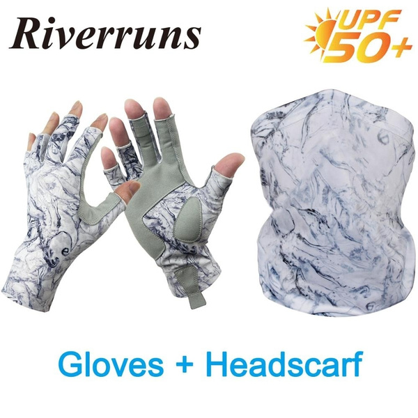 F Riverruns UPF 50+ Sun Protection Fingerless Fishing Gloves and  Headscarves for Men and Women Fishing, Boating, kayaking, Hiking