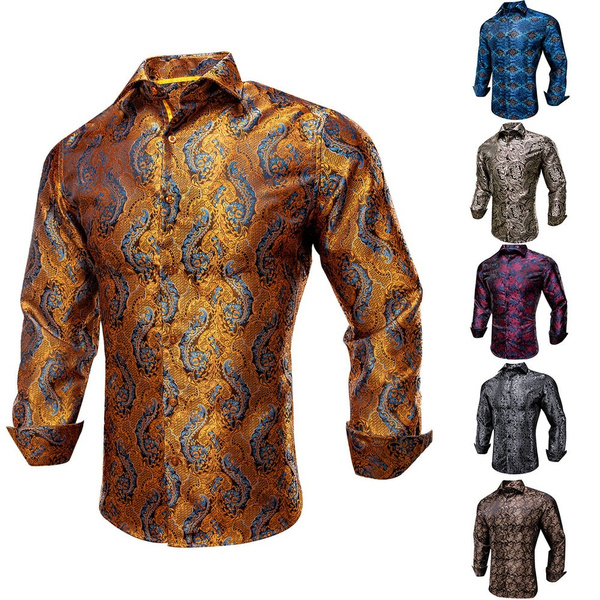 Luxury Shirts for Men Paisley Floral Shirt Long Sleeved Woven Silk Plus