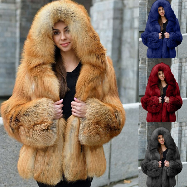 KASAAS Womens Fashion Winter Long Sleeve Parka Outwear Jackets Fox Fur Coats