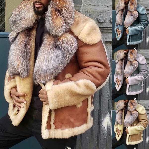 Men Wool Coat Winter Faux Fur Collar, Mens Faux Fur Collar Wool Coat