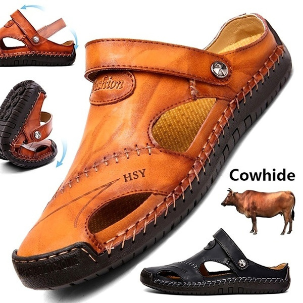 Mens Genuine Leather Closed Toe Walking Sports Casual Beach Sandals Shoes Plus