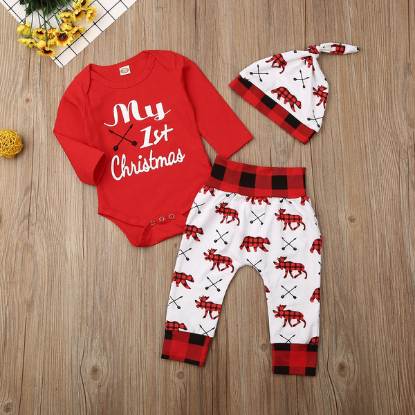 Newborn Baby Boy Girl My 1st Christmas Outfits Romper Top + Long Pants ...