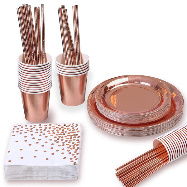 16pcs Rose Gold Foil Paper Plates/Napkins/Cups/Straws Tableware for