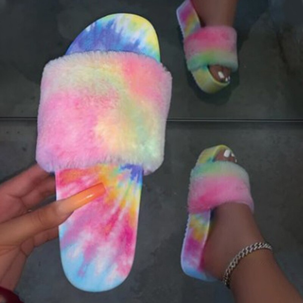 Fur Sliders Women Furry Slippers Woman Rainbow Color Shoes Female