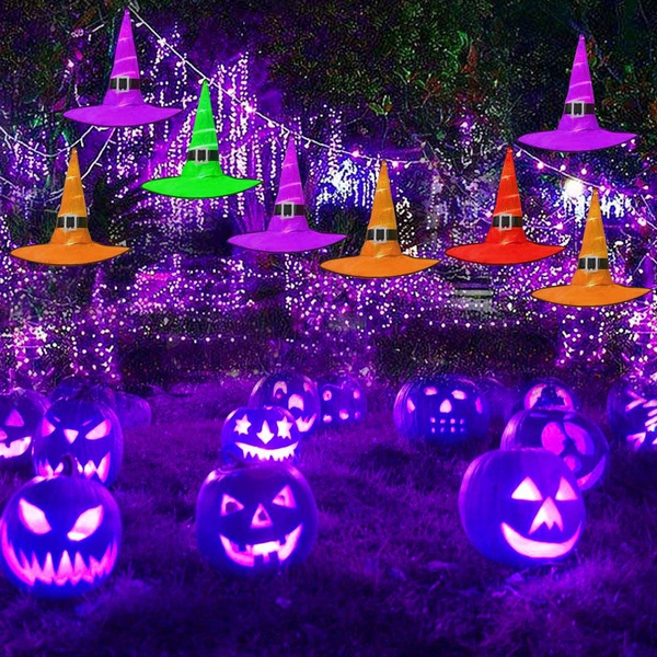 Halloween Outdoor 8Pcs Hanging Lighted LED Glowing Witch Hat ...