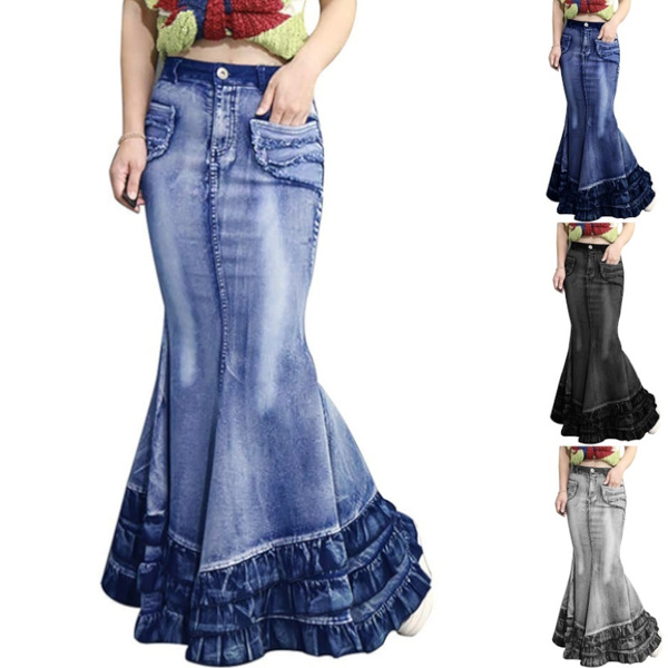 N/F Plus Size Frayed Hem Patchwork Mermaid Denim Skirt Women'S Irregular  Fringed Hem Long Skirt : Amazon.co.uk: Fashion