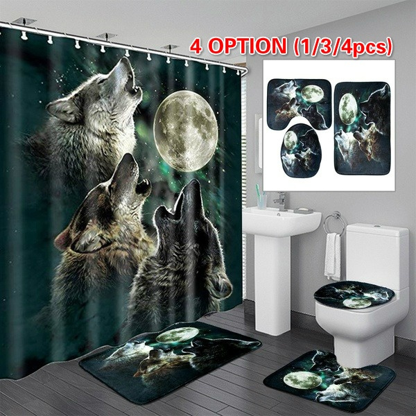 4Pcs Wolf Shower Curtain Bathroom Anti-slip Carpet Rug Toilet Seat Lid   New 