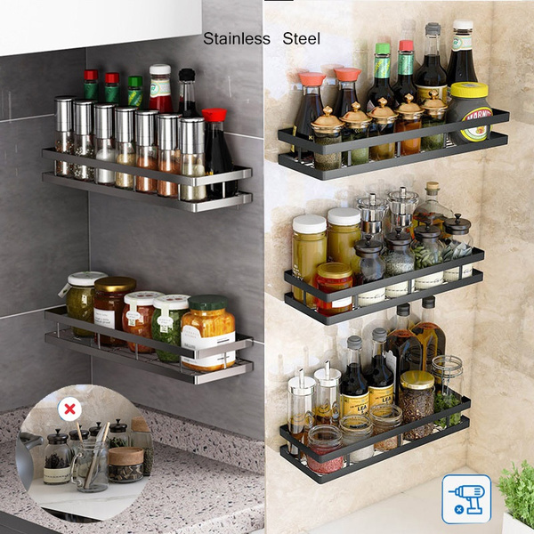 1 pc Wall Mount Stainless Steel Spice Rack Organizer Punch free Shelf Cabinet Mounting Kit Bathroom Various Sizes for Spice Jars