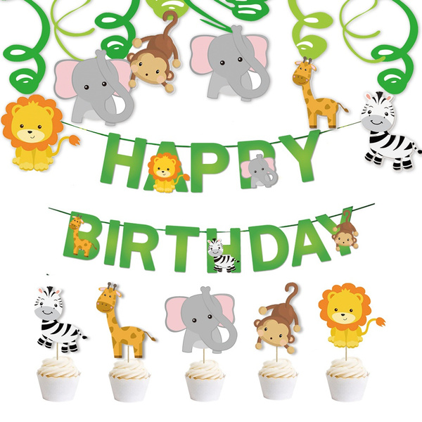 jungle safari party paper banner flags cake topper birthday decorations ...