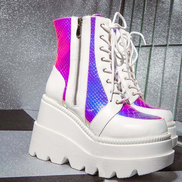 Radio Holographic Black White Platform Ankle Boots with Chunky Block Heels for Women