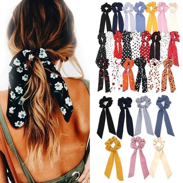 Flower Print Hair Ribbon Scarf Hair Bands Bow Ties Scrunchies Ponytail  Elastic Hairbands Rope for Women