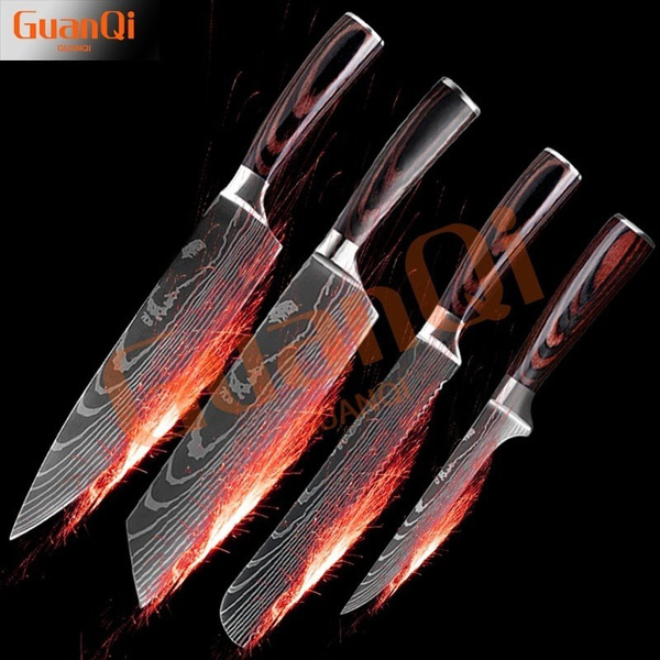 GuanQi 7cr17 Stainless Steel Kitchen Knives Set Laser Damascus Pattern