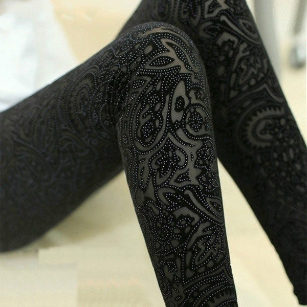 NEW Fashion Women Legging Pants Gothic Hollow Lace Flower Pattern Velvet  Leggings for Women
