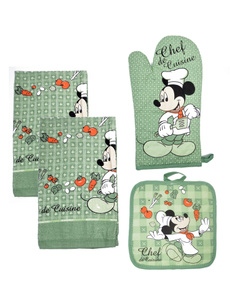 Mickey Mouse 4-Piece Dish Towels Kitchen Set Pot-Holder Oven Mitt Green