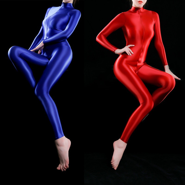 Women Silky Oiled Shiny Catsuit Bodysuit Bodycon Jumpsuit