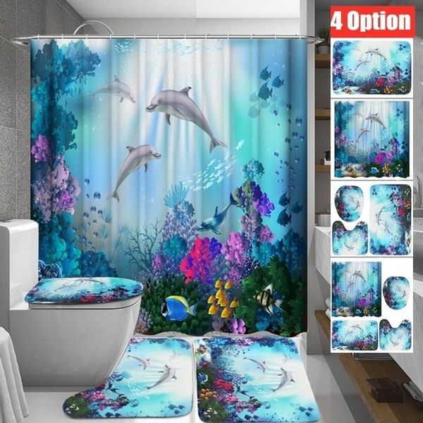 Dolphins Shower Curtain Bathroom Rug Set Bath Mat Non-Slip Toilet Lid Cover 