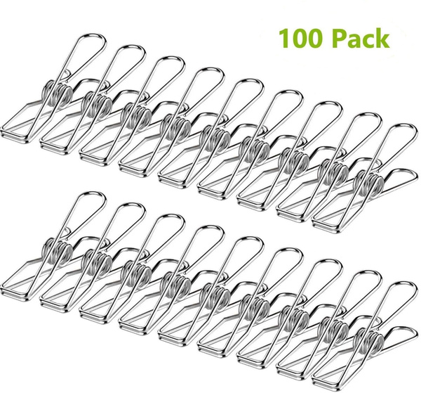 100 Pack Clothes Pegs, Stainless Steel Laundry Hanging Clothesline Clips  for Clothes, Paper Files, Snacks Seal