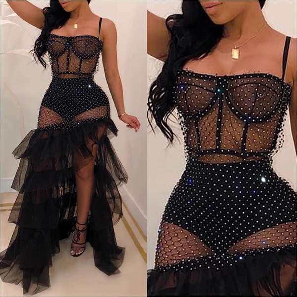 sheer mesh rhinestone slit party dress