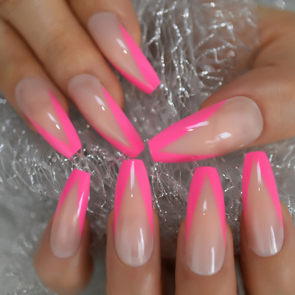 24pcs Fluorescent French Fake Nail Tips Super Long Stiletto Coffin Nails Artificial Acrylic Wearable Ballerina False Nails Wish