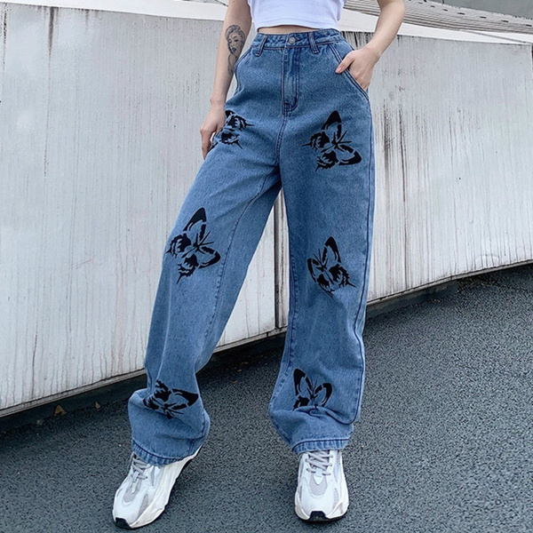 Summer Women Vintage Loose Streetwear Butterfly Print Jeans Long