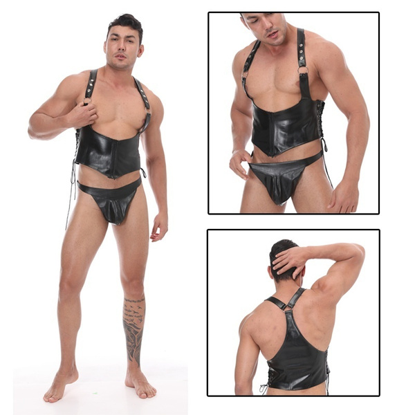 Men Black Leather Bib Top Vest with Leather Underwear Black