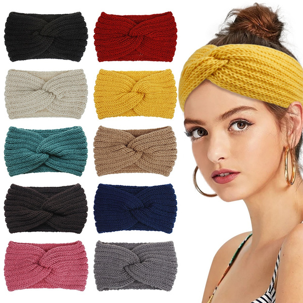 Women Ladies Autumn Winter Crochet Headbands Cross Wool Knitted Hair Band Turban