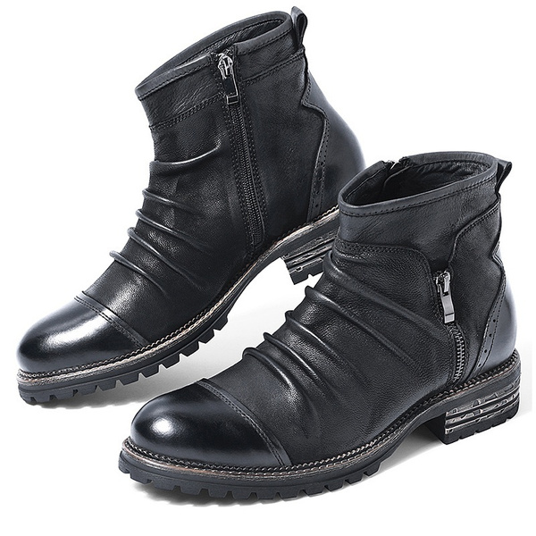 Men Ankle Boots High Top Retro Chelsea Bootie Casual Zip Cowboy Motorcycle Shoes