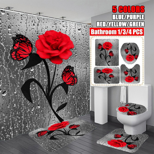 3D Green Rose Flower Shower Curtain Bathroom Rugs Bath Mat Toilet Cover Decor 