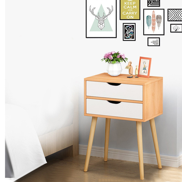 End Side Table Nightstand with Storage Drawer Fashion Modern Assemble Storage Cabinet Bedroom Bedside，Double Drawer Nightstand 