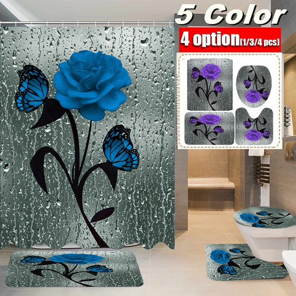 3D Rose Waterproof Shower Curtain Set Toilet Cover Mat Nonslip