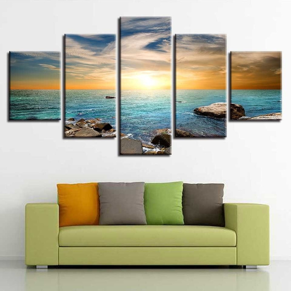 Art Paintings HD Printing Decor Wall 5 Pieces Reef Stone Blue Sea Water ...