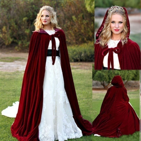 Wine red black velvet hooded cloak wedding cape Halloween wicca robe coat S-2XL 