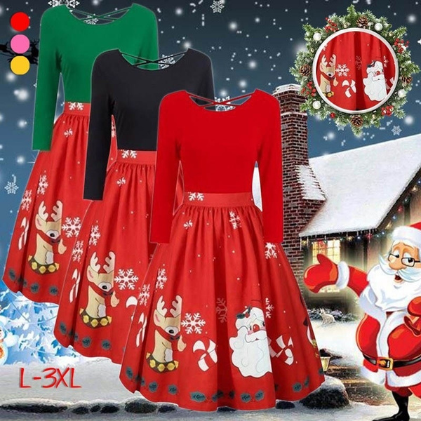 2020 Plus Size Christmas Print Cross Dress Christmas Print Party Dress Autumn Winter Long Sleeves Xmas Elk Santa Claus Snow Printing Cross Neck Dress