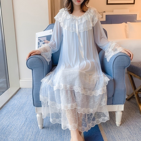 Women Lolita Nightgown Lace Trimming Vintage Long Sleeve Nightdress ...