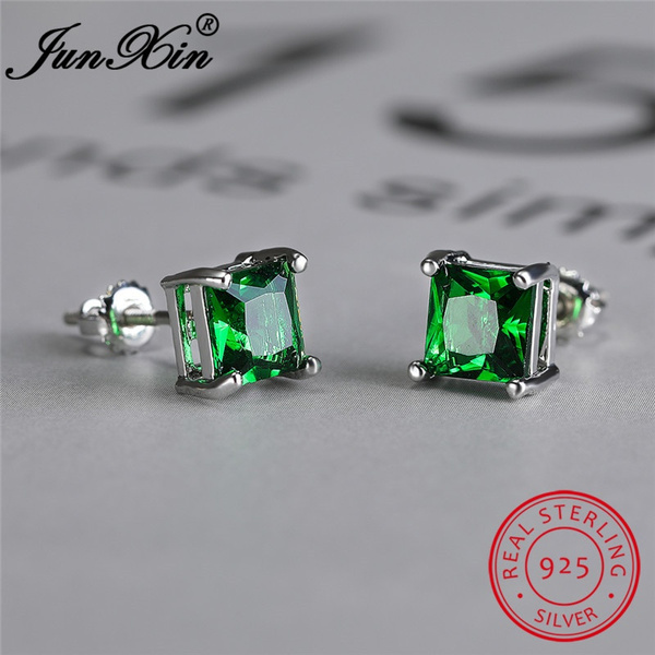925 Sterling Silver 6mm Princess Cut Green Emerald Stud Earrings Square Cut  Crystal Screwback Stud Earrings