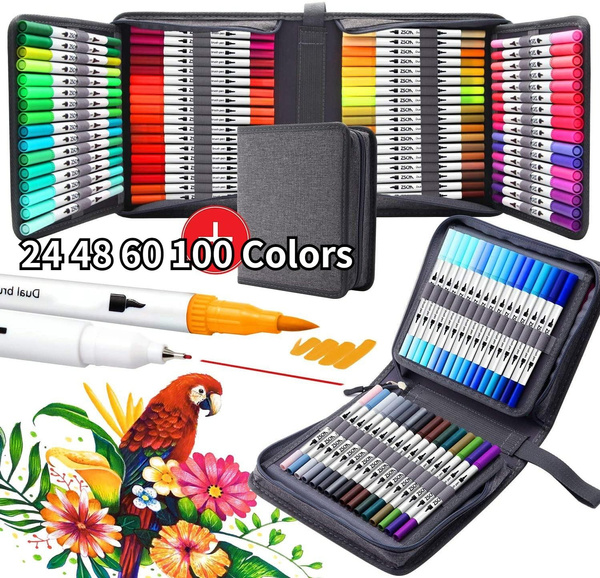 24 48 60 100 Colors Paint Marker Brush Pens, Dual Tips Fine Point