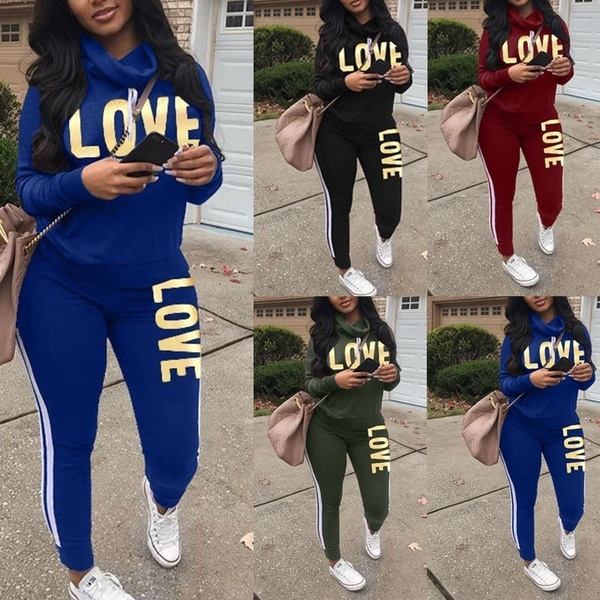 Women's Fashion Two Pieces Clothes Long Sleeve Casual Sportswear Suit Print  Letters High Neck Tracksuit for Women | Wish